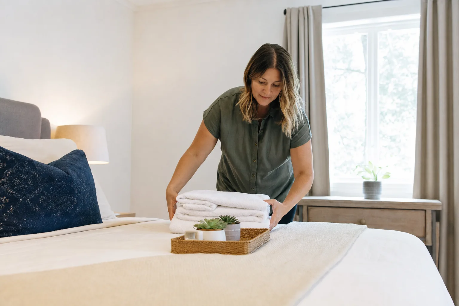 Host preparing a rental between guests while setting the Airbnb cleaning fee