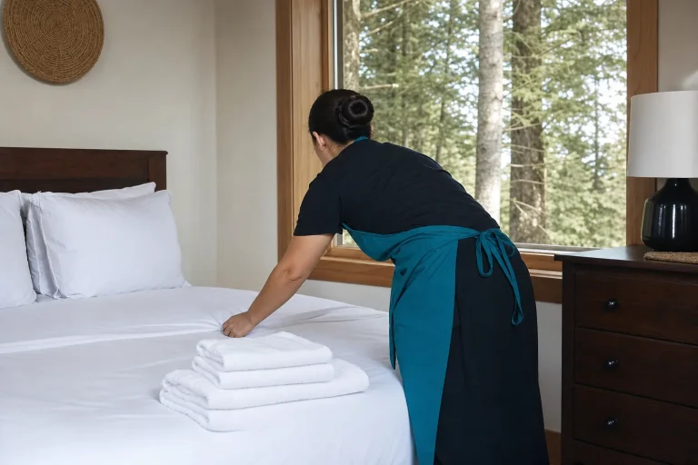 Cleaner in a teal apron smoothing fresh white bedding during a vacation rental turnover near Gresham