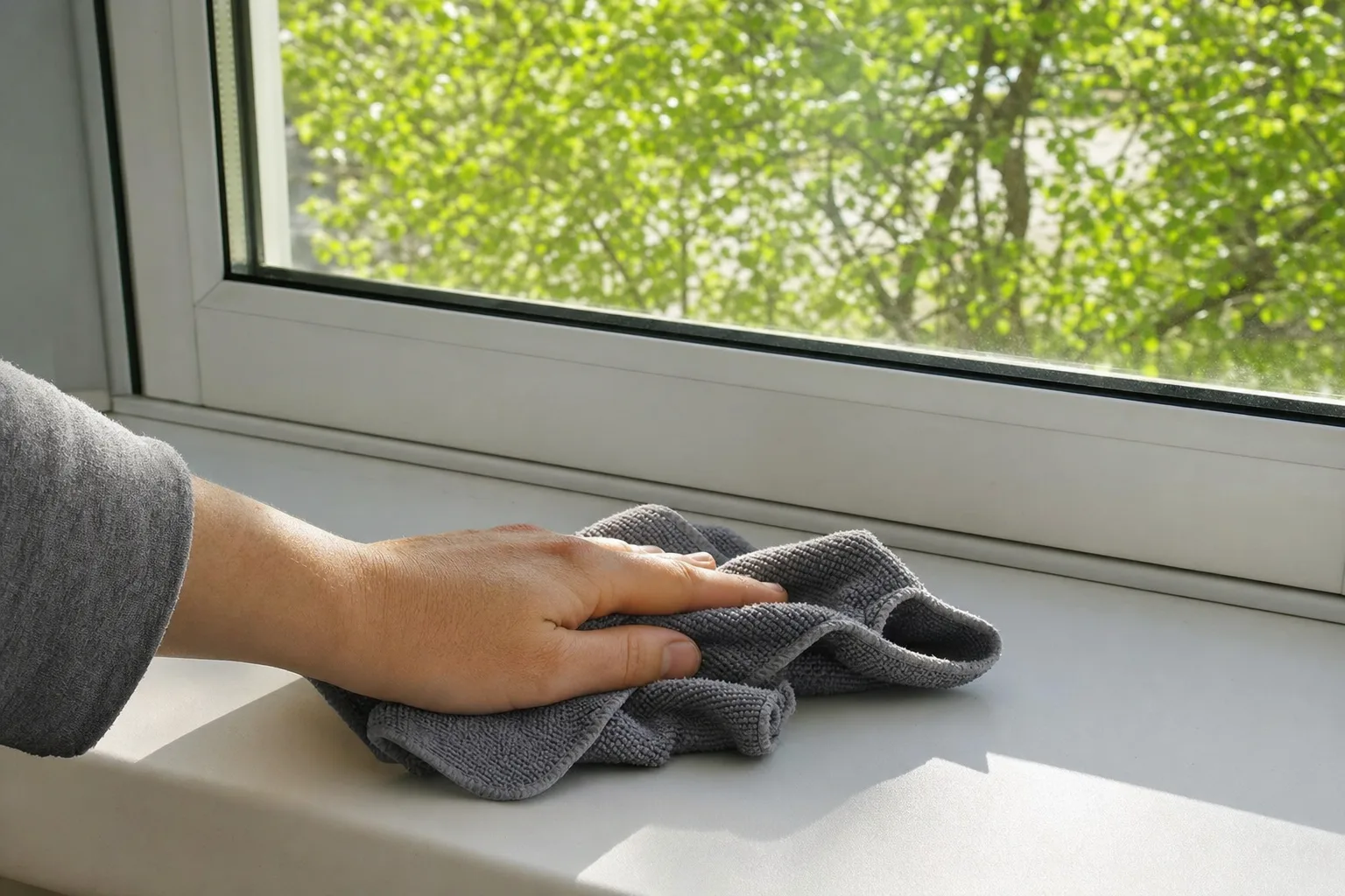 Dusting a windowsill during Portland allergy season house cleaning