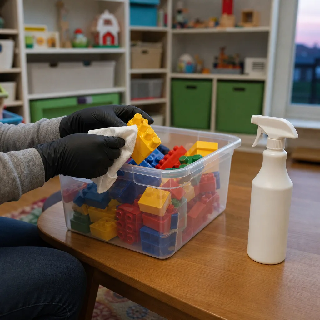 Plastic toys being wiped and sanitized in a daycare playroom