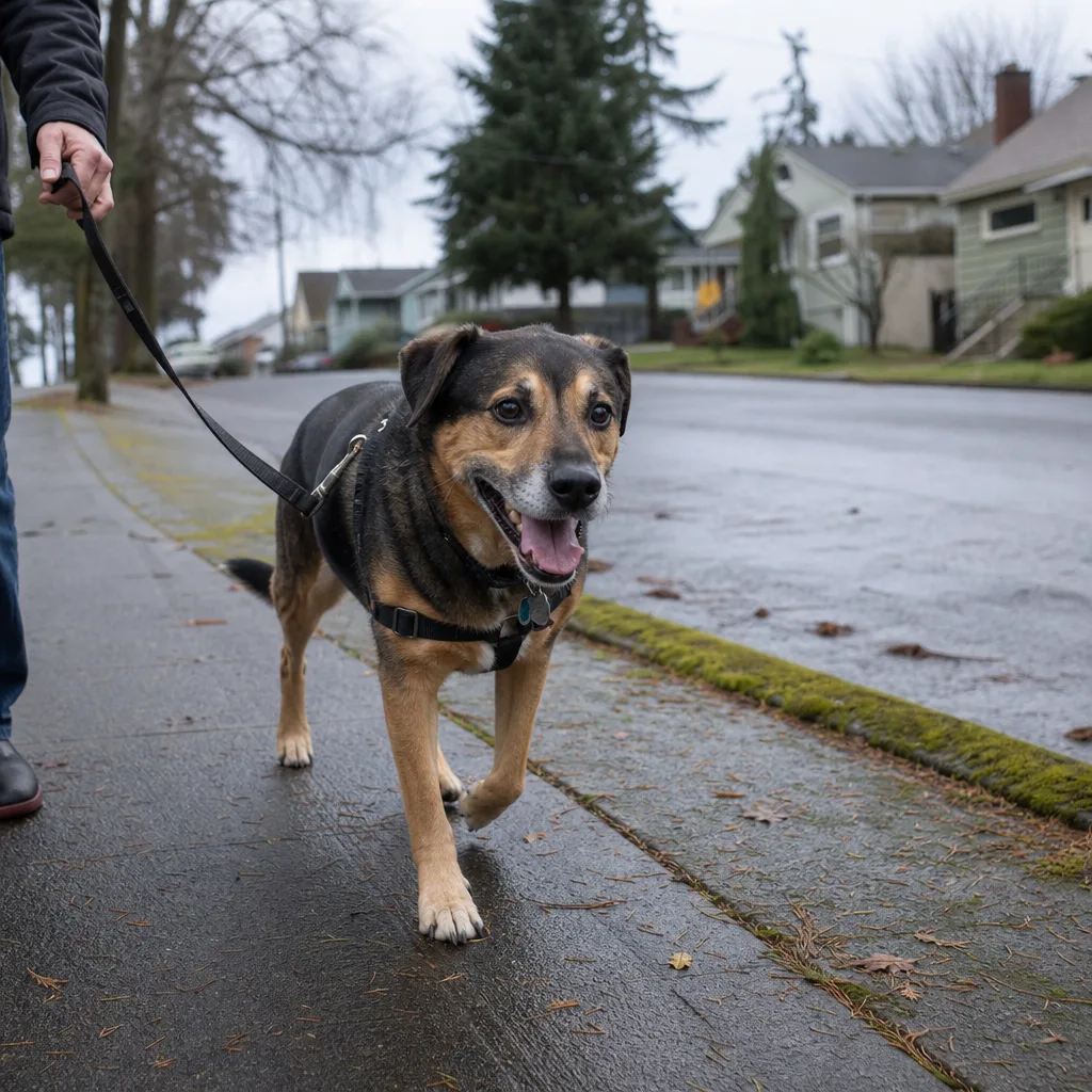 Dog on a leash walking a rainy Gresham sidewalk with the walker's hand holding the lead