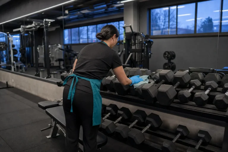 Cleaner wiping a dumbbell rack in a small Gresham fitness studio before opening