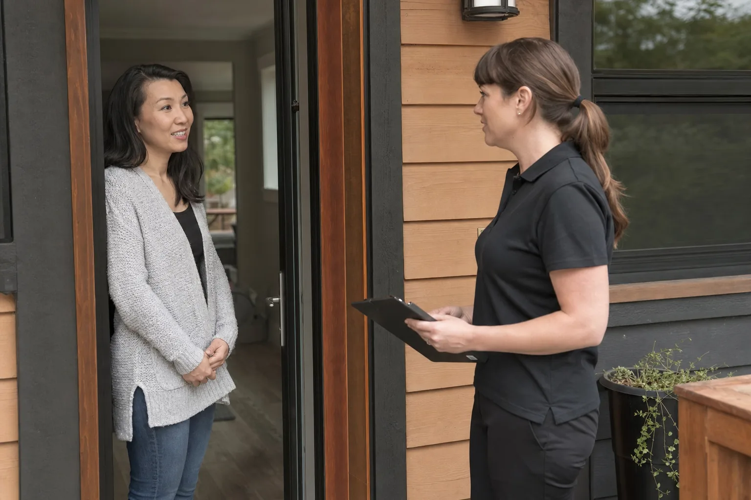 Homeowner asking questions before hiring a house cleaning service at the door