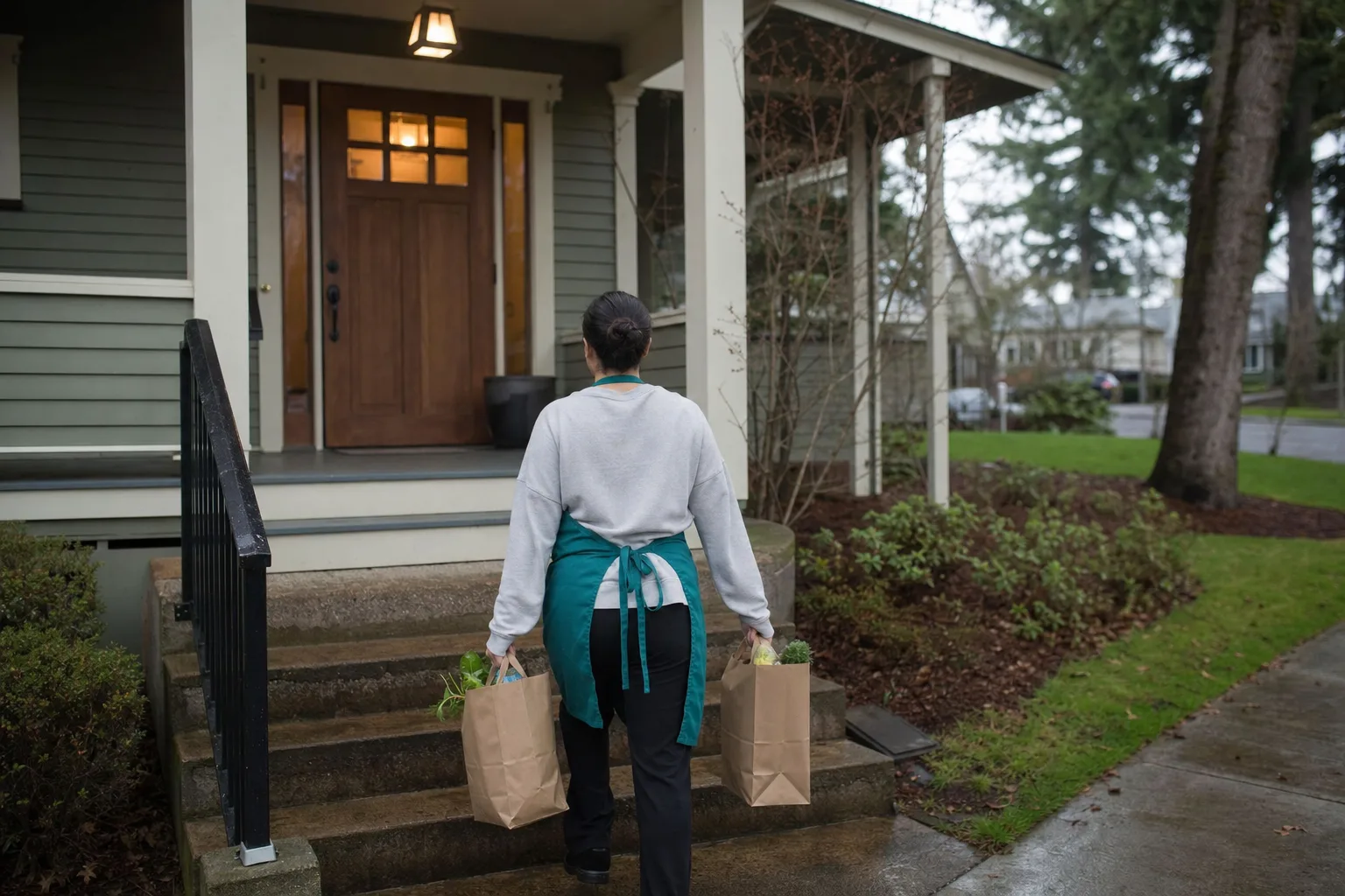Helper in a teal apron carrying grocery bags up the front steps of a Gresham home