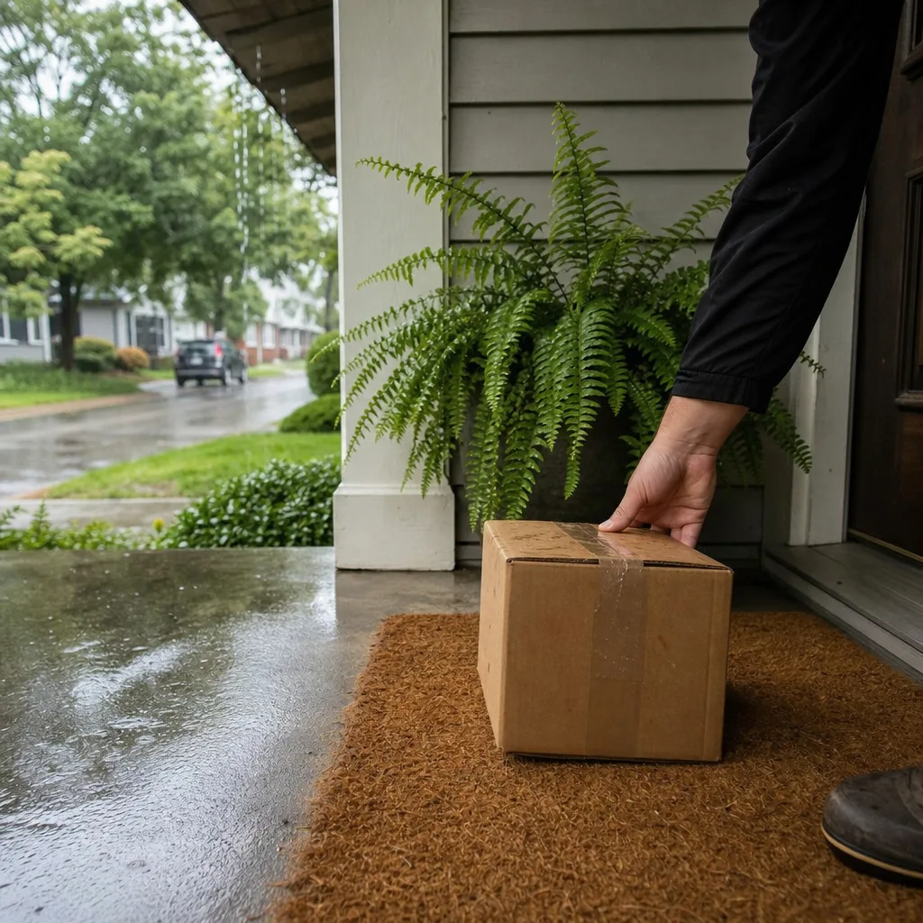 Package being collected from a covered front porch during a home watch visit