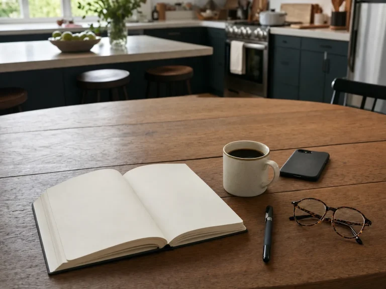Notebook, coffee, and phone on a Gresham kitchen table while planning a house cleaning budget