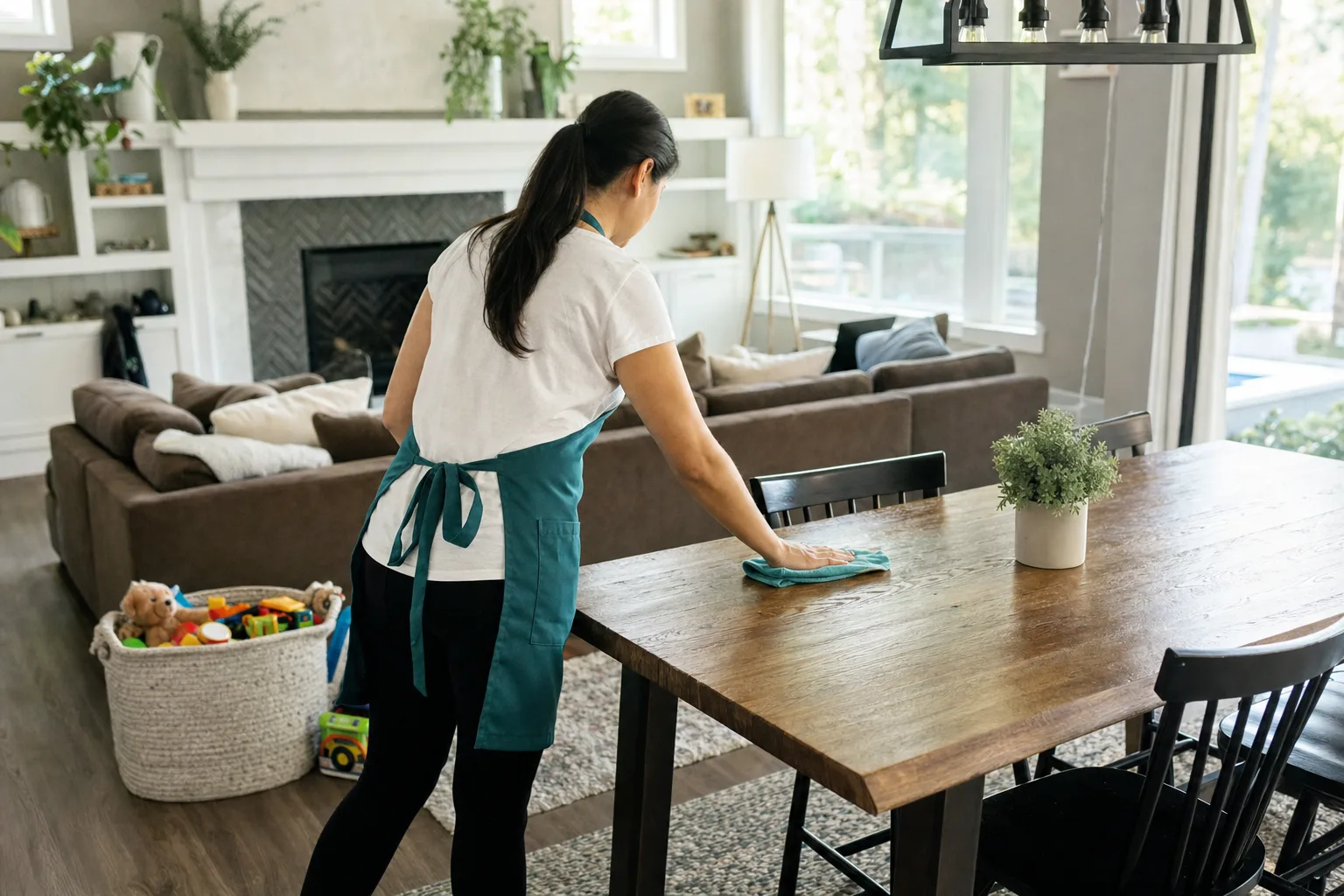 Cleaner in a teal apron wiping a dining table during a recurring house cleaning visit in Gresham