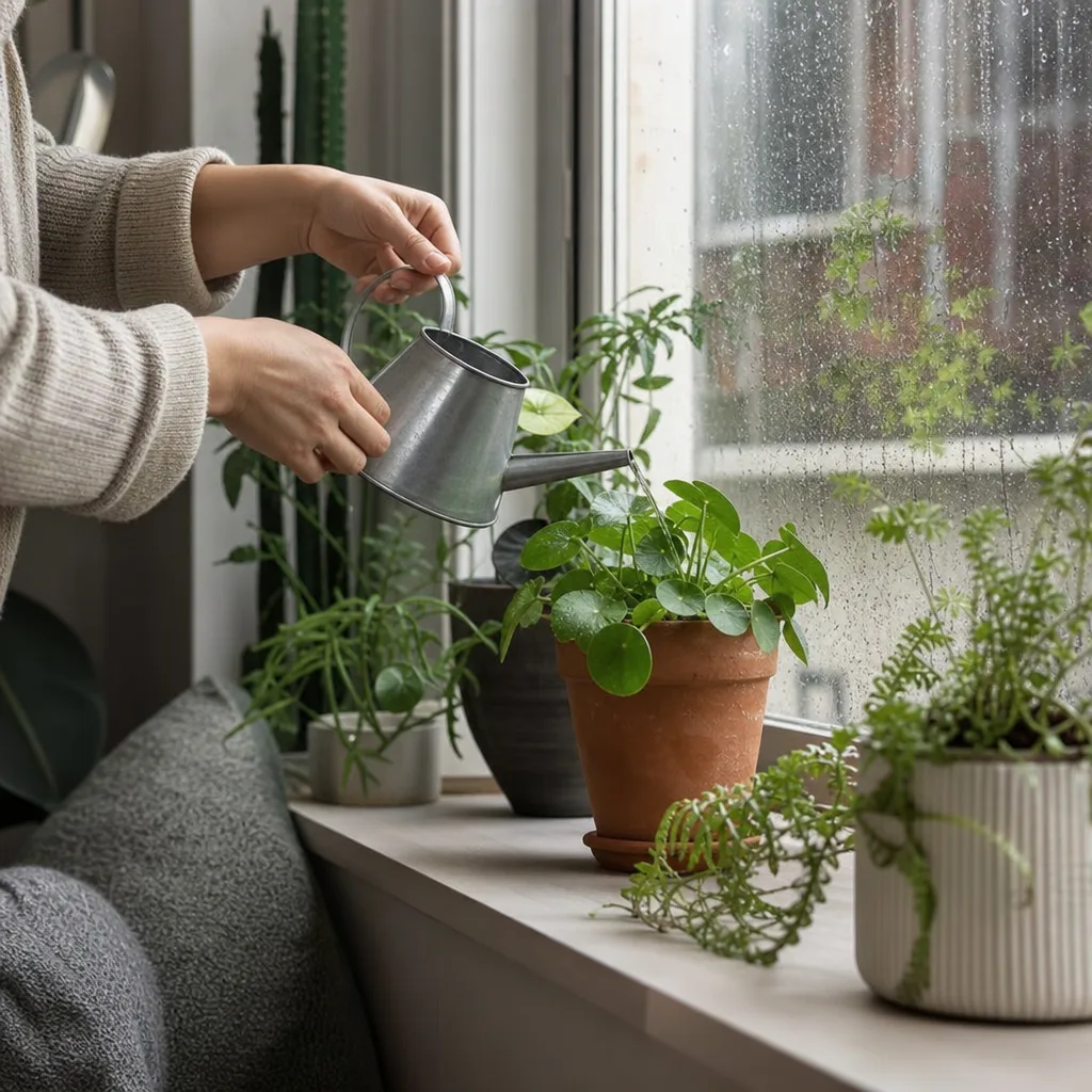 Houseplants being watered by a rain-speckled window during a plant care visit