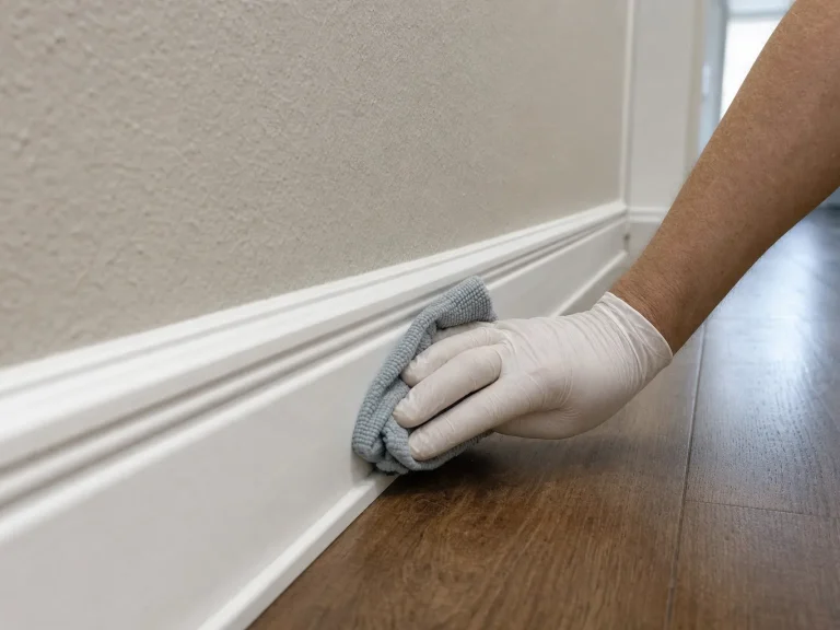 Wiping baseboards during a scheduled deep clean of a house