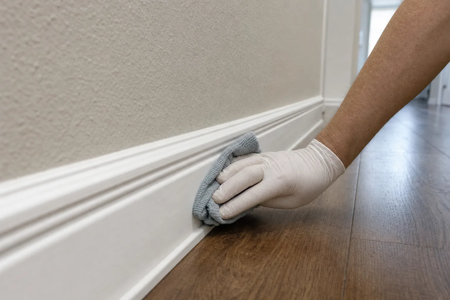 Wiping baseboards during a scheduled deep clean of a house