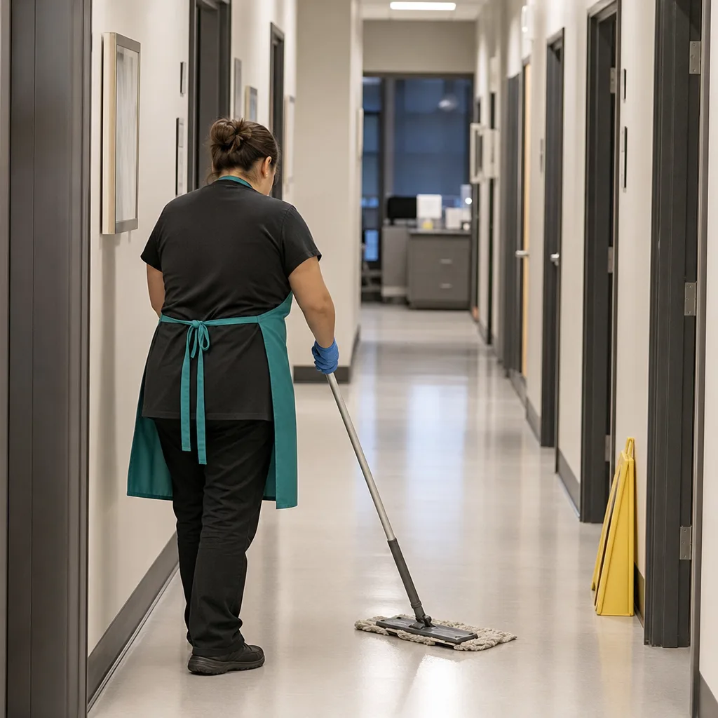 Cleaner mopping a clinic hallway lined with exam room doors after closing