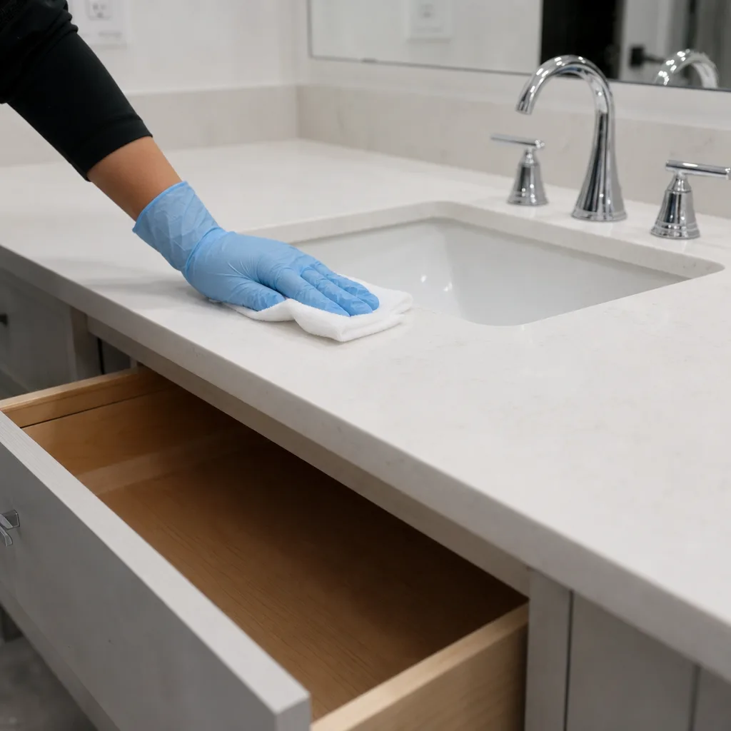 Gloved hand sanitizing a bathroom vanity before a home's new residents arrive
