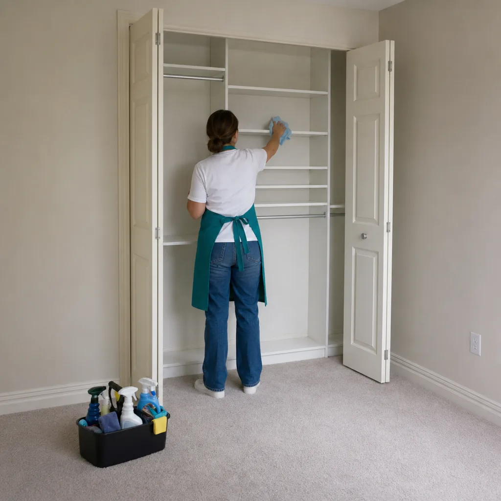 Cleaner wiping empty closet shelves in a bedroom before a family moves in