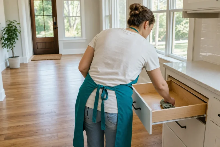 Cleaner wiping out empty kitchen drawers in a Gresham home before the new owners move in
