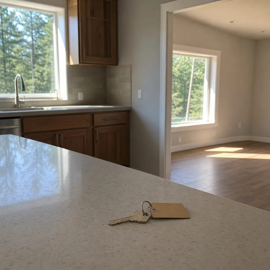 New house key on a clean counter in an empty Pacific Northwest home awaiting move-in