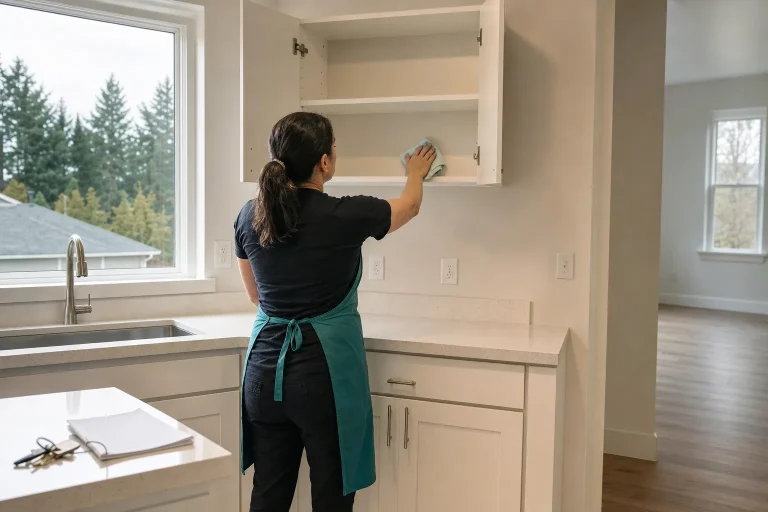 Cleaner wiping inside empty kitchen cabinets during a move-out clean in a Gresham apartment