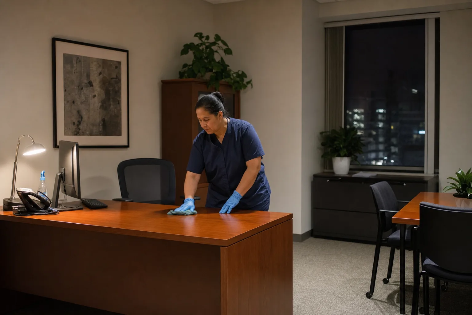 After hours office cleaning working through the daily checklist