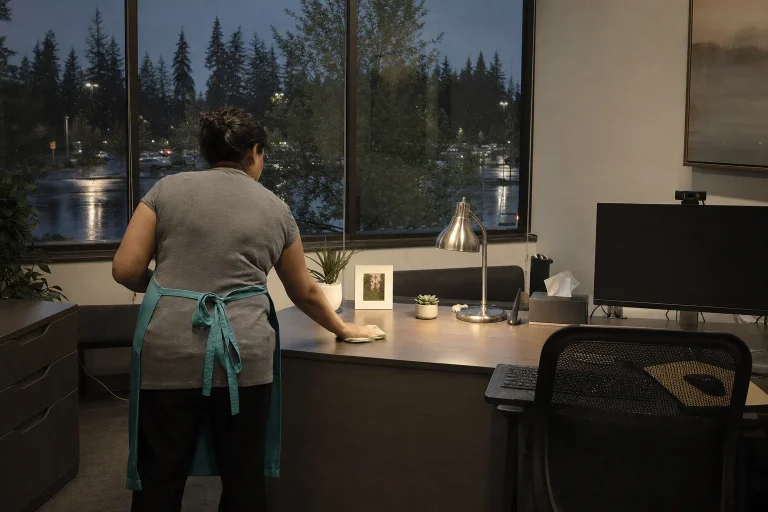 Cleaner in a teal apron wiping desks in a Gresham office suite after hours