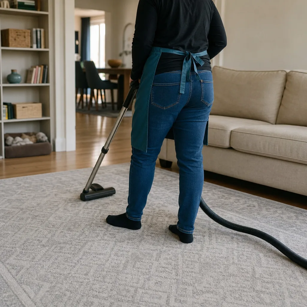 Cleaner vacuuming a living room rug during a scheduled visit