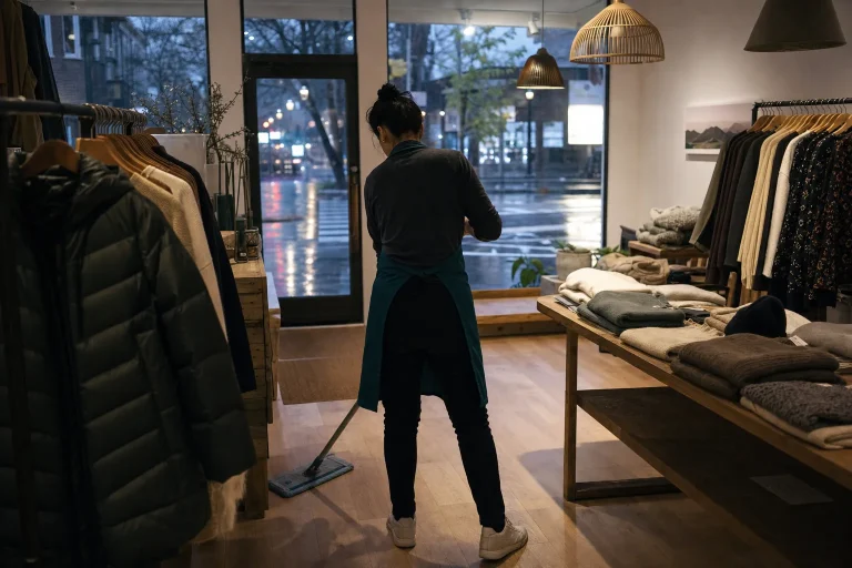 Cleaner mopping the sales floor of a Gresham boutique after closing