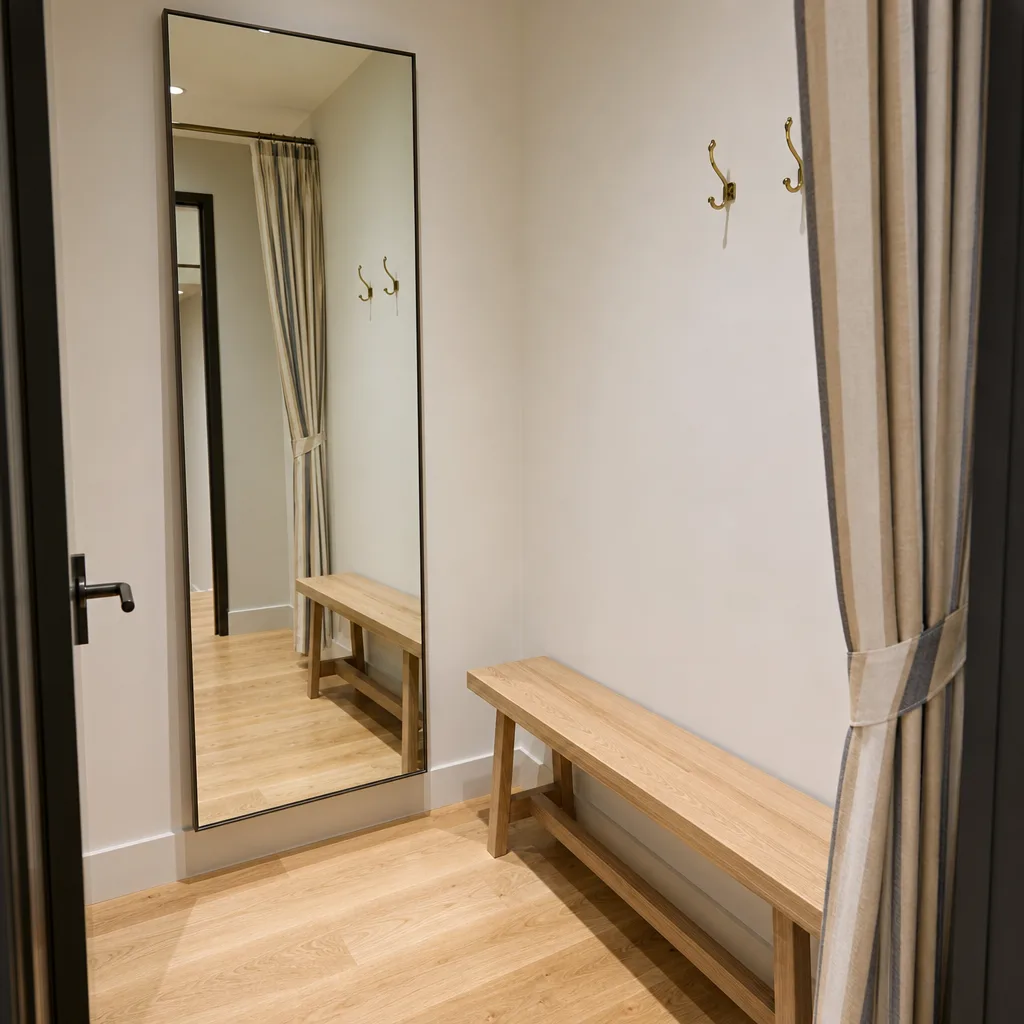 Freshly cleaned fitting room with a clear full-length mirror and wooden bench