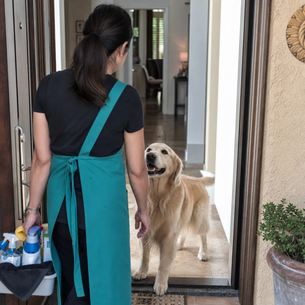 Family dog greeting a familiar Tidy Sister cleaner at the front door