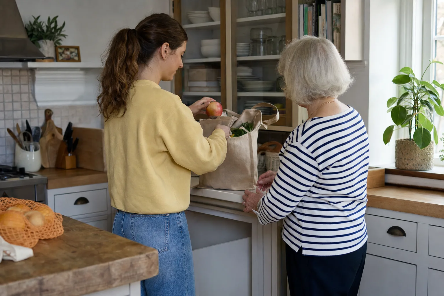 Non-medical home support helping a Gresham senior with groceries