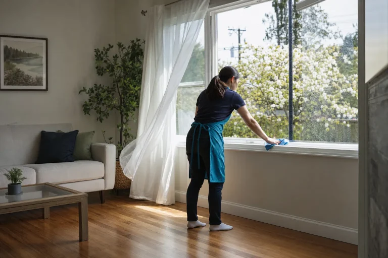 Cleaner wiping a sunny window sill during a spring clean in a Gresham living room