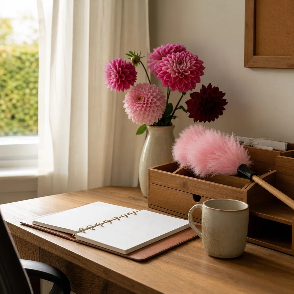 A tidy desk with a planner and the pink feather duster that started The Tidy Sister