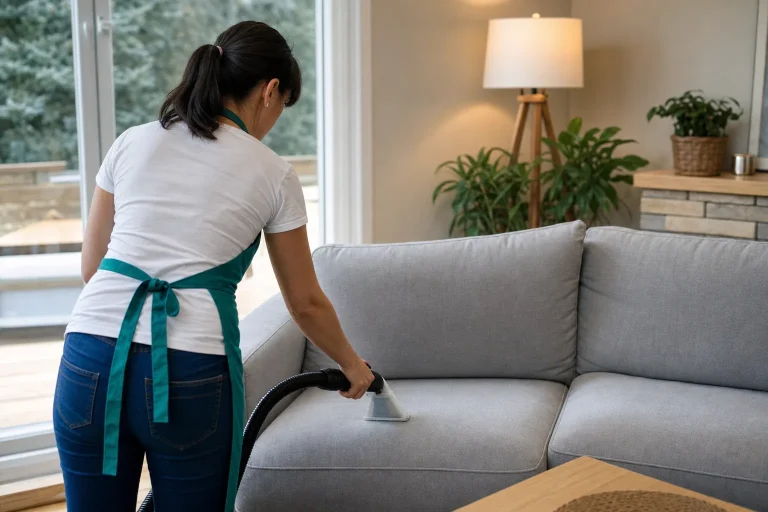 Cleaner working an upholstery attachment across a gray fabric sofa cushion in a Gresham living room