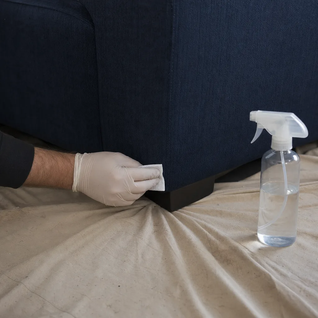Colorfastness spot test on a hidden corner of a navy sofa before cleaning begins