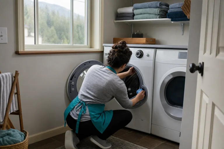 Cleaner in a teal apron cleaning the door gasket of a front-load washer in a Gresham laundry room