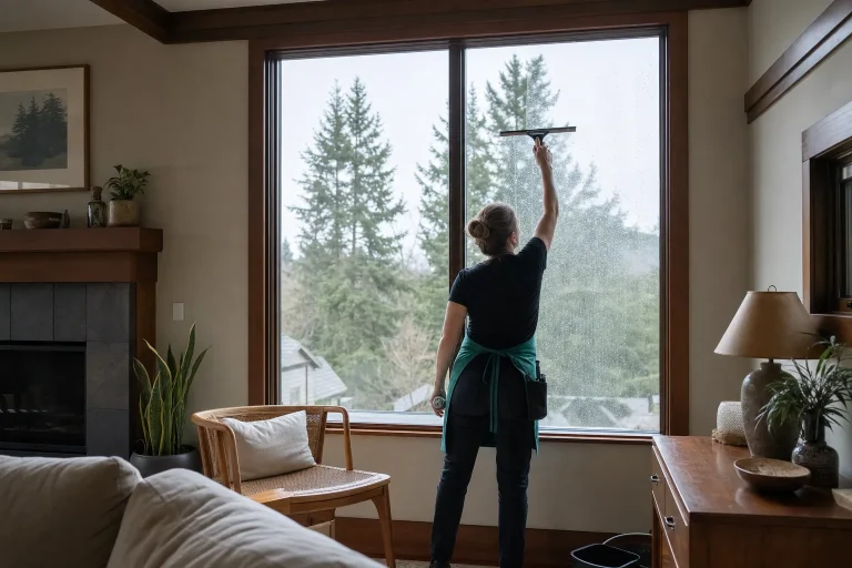 Cleaner in a teal apron squeegeeing a living room window in a Gresham home